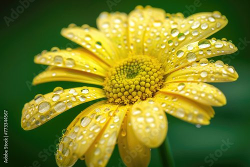 Abstract macro image of a yellow daisy flower with water droplets