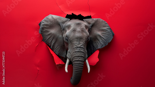 A elephant peeking through the hole in red paper, copy space concept on solid background , photorealistic
