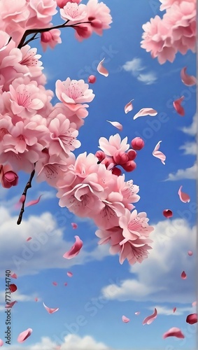 Blue sky background and cherry blossom petals in the wind in vertical