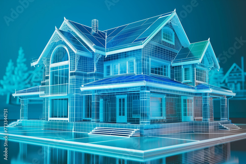Digital hologram of a house on a blue background