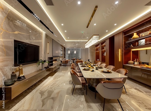 Modern dining room with a long table and chairs, wall shelves for decorative items and a home entertainment system in the style of luxury apartment interior design