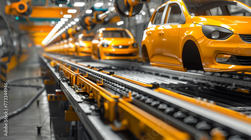 Row of new yellow cars on elevated track in vehicle assembly factory, industrial mass production concept.