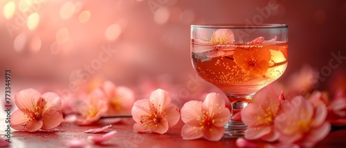   A glass holding a pink-hued liquid, surrounded by flowers with petals on the table's edge