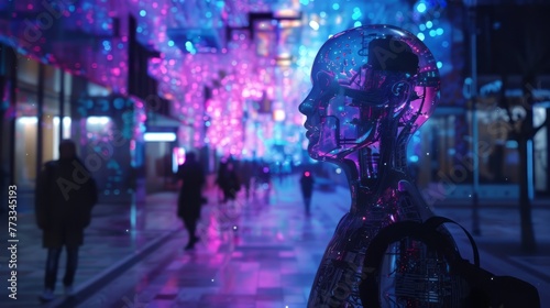 A person is standing in the middle of a city street with a backpack on. The scene is illuminated with bright lights and the person's head is made of metal