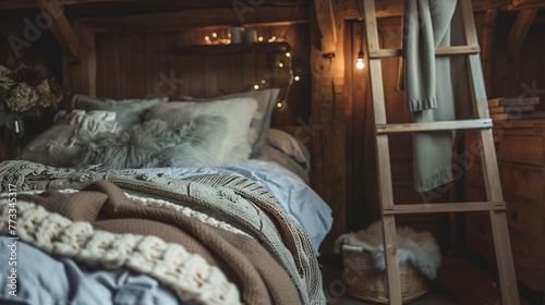 A snug bedroom retreat complete with a quaint wooden ladder and plush bedding