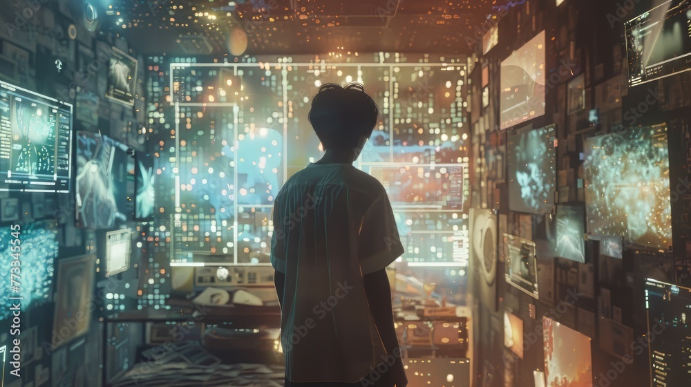 A man stands in front of a wall of computer monitors. The monitors are all displaying different images and patterns, creating a chaotic and disorienting atmosphere. The man is staring at the screens A man stands in front of a wall of computer monitors. The monitors are all displaying different images and patterns, creating a chaotic and disorienting atmosphere. The man is staring at the screens