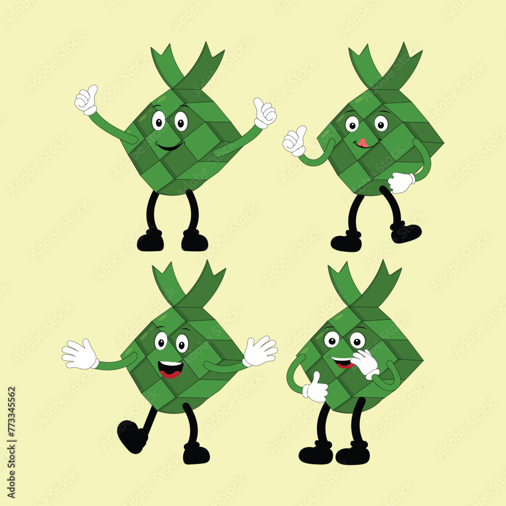 Fototapeta premium Ketupat mascot character illustration in vintage style with arms and legs with a variety of emotions and actions, great resource for icon, symbol, logo, sticker,banner. Eps 10
