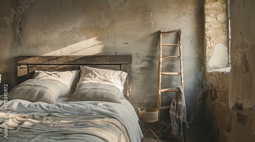 Rustic elegance meets comfort in this inviting bedroom scene with a wooden ladder beside a sumptuous bed