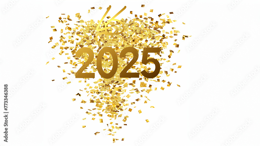 Jahreswechsel 2025 in goldenen Zahlen und Konfetti mit Platzhalter im