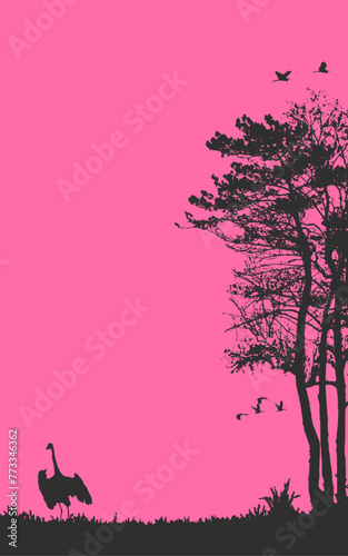 Scenary book cover silhouette vector background book cover portrait wall artwork poster wallpaper birds trees beautiful nature scene illustration