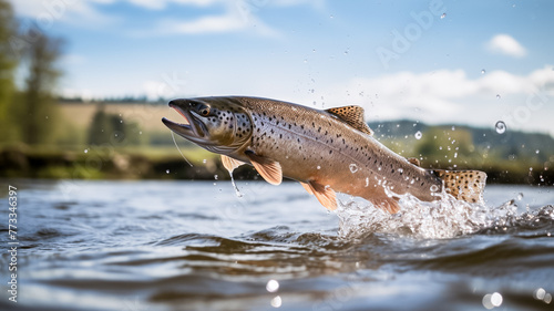 Trout fish jumping out of river water. Action shot of a salmon jumping out of the water in a clear stream. Fishing concept.