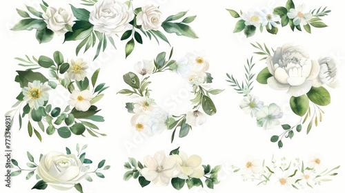 Watercolor Floral Illustration Set,  Bouquets and Wreaths Featuring White Flowers and Greenery photo