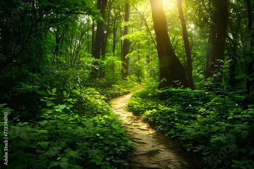 A path through a forest with trees on either side. The path is surrounded by green bushes and trees. The sunlight is shining through the trees  creating a peaceful and serene atmosphere  generative ai