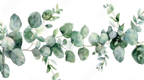 Watercolor Hand-Painted Green Floral Banner, Border of Leaves and Branches on White Background