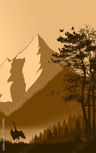 Birdsland forest scenary vector book cover portrait wall artwork poster mountain wallpaper jungle birds trees fog mist beautiful nature scene illustration