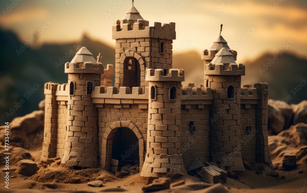 A grand castle made of sand towers on a sandy beach against a backdrop of crashing waves