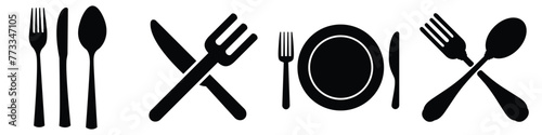 Fork, knife and plate icons set.  Dinnerservice collection. Plate, fork and knife for apps and websites. Logotype tableware. Vector illustration.