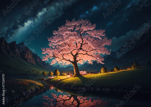 beautiful beautiful cherry tree night scenery tree landscape © Ana