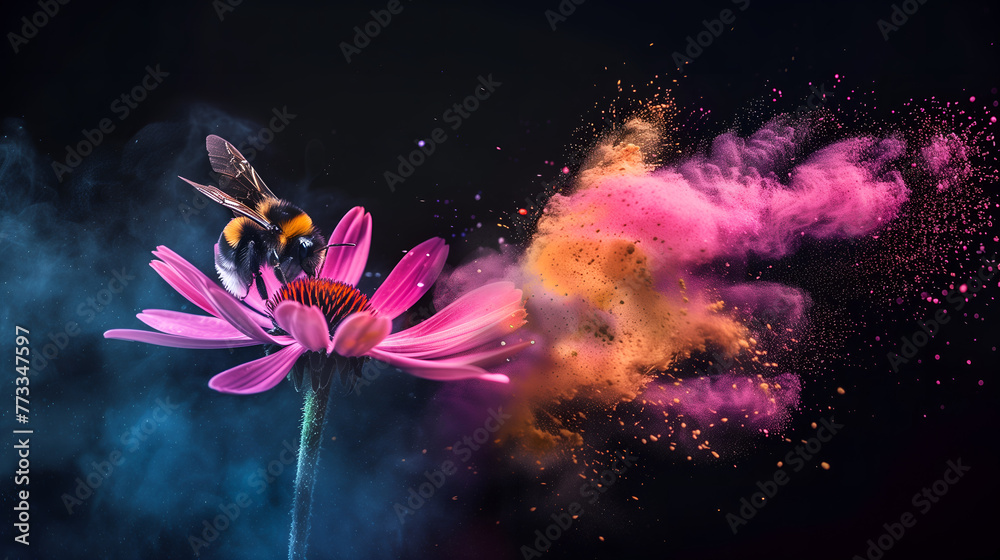  Bee gathering nectar and spreading the colorful pollen powders - obrazy, fototapety, plakaty 