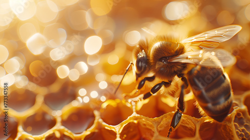 Close up view of working bees on honeycells. © ZayNyi