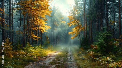Old Road in the Misty forest with Mourning Sunset trough the trees nature landscape AI generated © Pandora arts