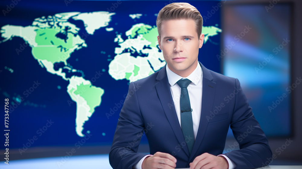 Serious male TV presenter tells breaking news. Television cable channel anchor man talks, business, economy, entertainment, weather forecast. Serious male TV presenter tells breaking news. Television cable channel anchor man talks, business, economy, entertainment, weather forecast.