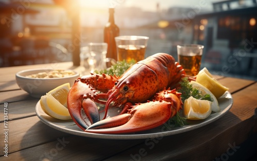 A plate of lobsters, lemon wedges, and beer arranged on a table