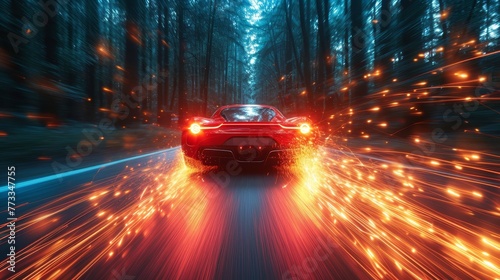  A red sports car weaves through a forest, trees densely surrounding it, as no bright lights punctuate the scene