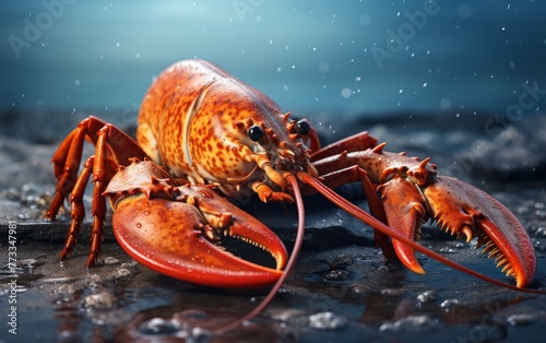 Close-up of a vibrant lobster on a wet surface, glistening under the light