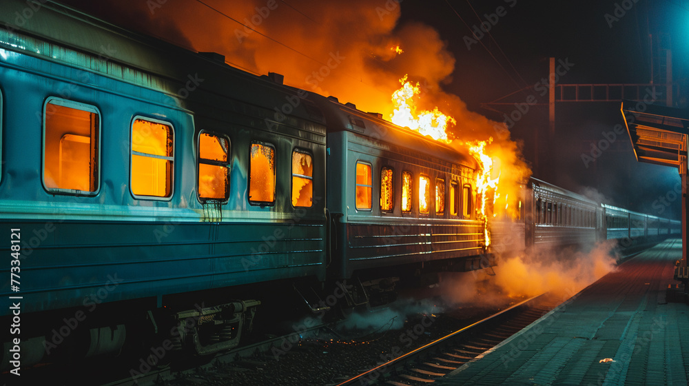 Fire and smoke billowing from a train engulfed in flames at a deserted station at night.
