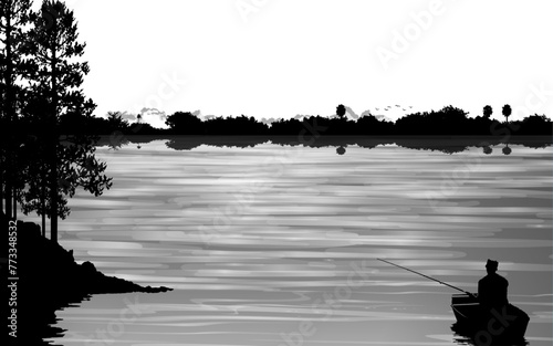 Riverland Landscape silhouette horizontal beautiful scenery Rural natural landscape panormic horizontal view fishing alone on a boat web background wallpaper poster cover paper black and white