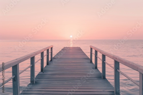 Wooden Dock Leading to Ocean at Sunset