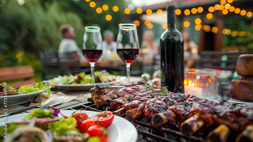 Backyard dinner table have a grilled barbecue meat, Salads and wine with happy joyful people on background Backyard dinner table have a grilled barbecue meat, Salads and wine with happy joyful people on background