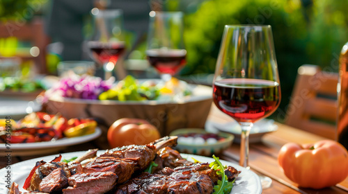 Backyard dinner table have a grilled barbecue meat, Salads and wine with happy joyful people on background