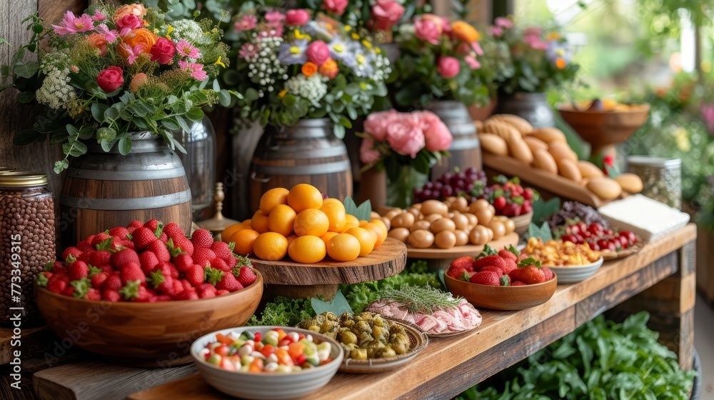   A wooden table laden with an array of fruits and vegetables, accompanied by vases brimming with flowers and additional produce