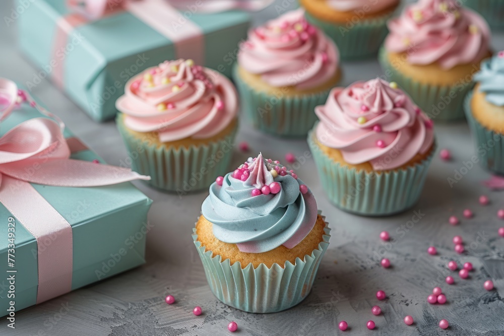 cupcakes, muffins close-up in pastel tones, festive dessert arrangement for a wedding or birthday party.