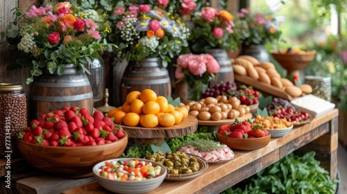  A wooden table laden with an array of fruits and vegetables, accompanied by vases brimming with flowers and additional produce