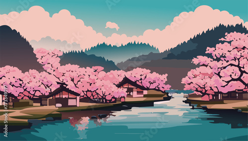 Japanese garden with cherry blossoms or sakura and lake with mountains