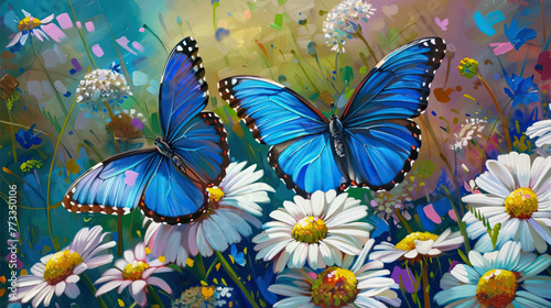 colorful blue tropical morpho butterflies on delicate daisy flowers painted with oil paint