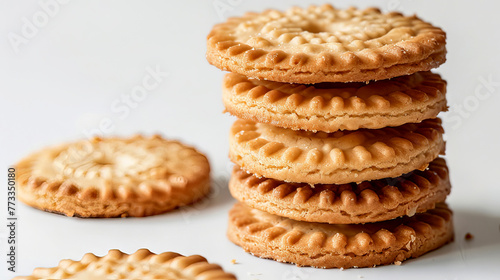 Closeup of cookies stock in column on white background. Biscuit dessert on a white background