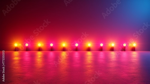 A row of brightly lit candles sits in the middle of the room Red and blue lights flank the space on each side