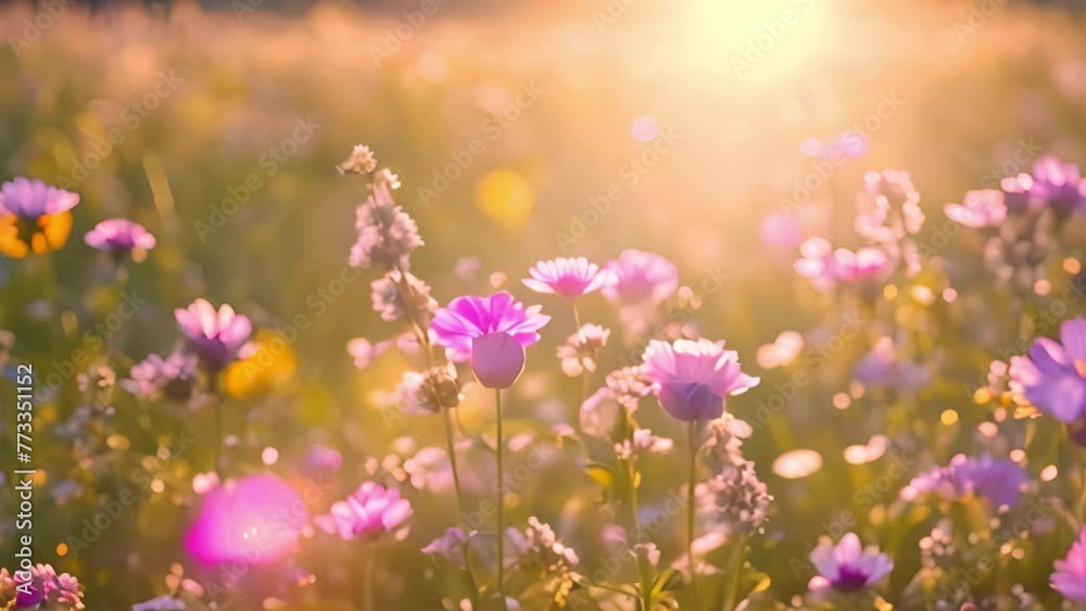 Spring flowers field meadow in sunset lights. Field of wild flowers spring colors in the wind swaying close up. Concept: nature, flowers, spring, biology, fauna, environment, ecosystem 4k Spring flowers field meadow in sunset lights. Field of wild flowers spring colors in the wind swaying close up. Concept: nature, flowers, spring, biology, fauna, environment, ecosystem 4k
