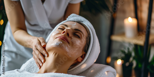 Beautiful senior woman having chemical peeling beauty treatment. The expert beautician is applying chemical solution onto woman's face. photo