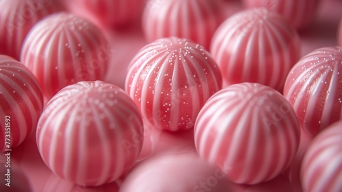  A tight shot of pastel-hued pink and white chocolate candies atop a pink background, adorned with white sprinkles