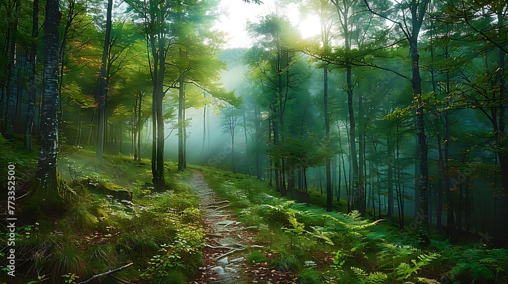 Obraz premium Foggy forest with Sunset trough the trees nature background AI generated