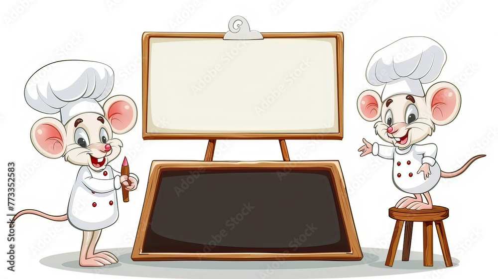 Cartoon chef mice presenting a menu board, kitchen setting for ...