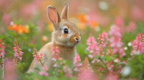   A rabbit sits amidst a vibrant pink and orange flower field, with an indistinct background © Mikus