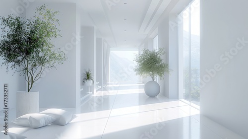 Modern  white home showcase interior corridor. 3D rendering.. Generative AI
