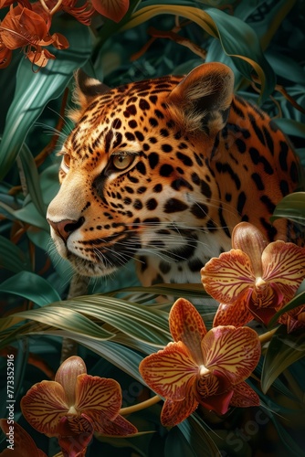   A leopard painting surrounded by tropical plants and flowers Orchids  specifically orange and red ones  in the foreground