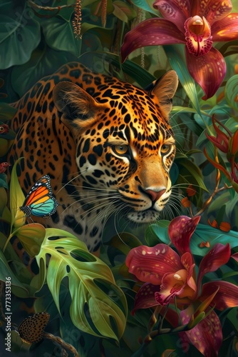   A leopard painting features a butterfly atop its nose  while flowers populate the foreground  and an additional butterfly graces that area